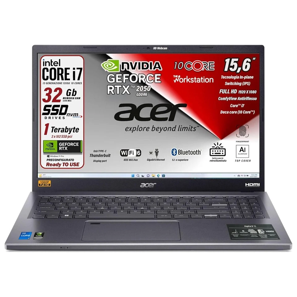 Notebook Acer Intel Core i7-1355U 10 Core RAM 32GB SSD 1TB RTX 2050 Finger Retro