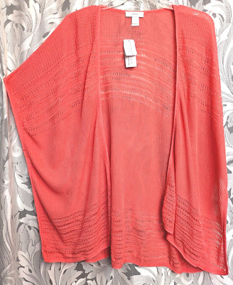 X 0X 1X CJ BANKS ORANGE OPEN FRONT MIXED KNIT CROCHET PONCHO CARDIGAN SWEATER