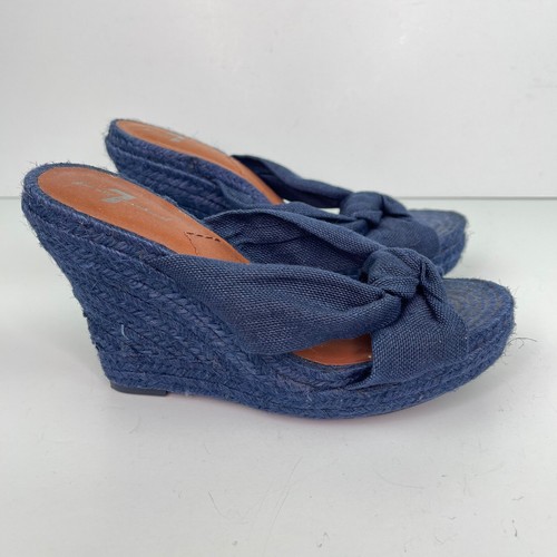 7 For All Mankind Blue Denim Espadrille Wedges Sandals Open Toe Sz Womens 7.5 M