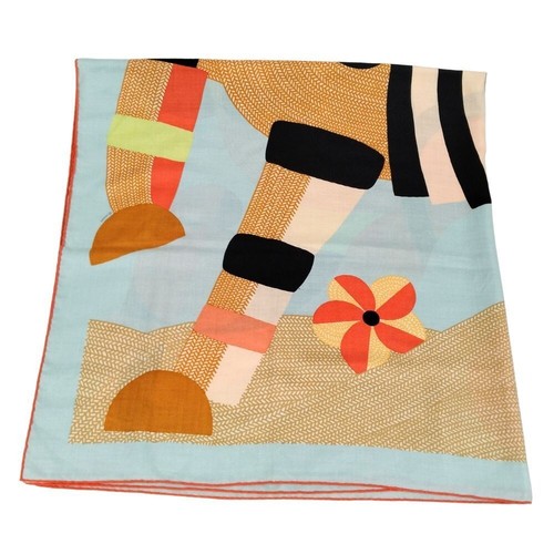 HERMES Carre 140 Cashmere Silk Scarf MON PREMIER GALOP Tong Ren Light blue Used - Picture 8 of 10