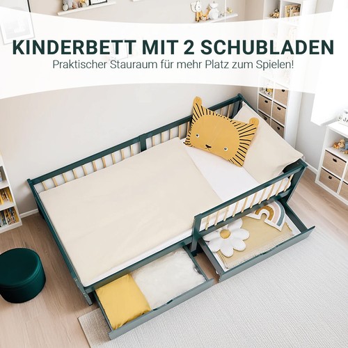 Kinderbett 90x200 cm Weiß Grün 2 Bettkästen Rausfallschutz Matratze Homestyle4u - Bild 6 von 36