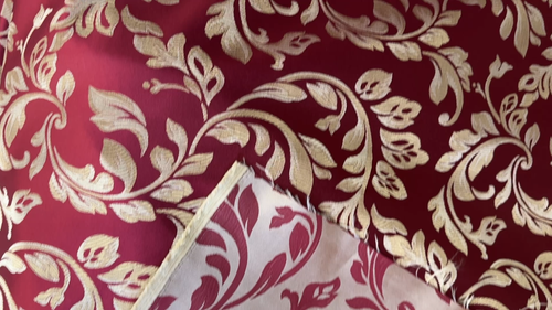 Floral scroll drapery, Upholstery Fabric, 72" wide, Red/Gold, sold by the Yard - Video 1 of 1