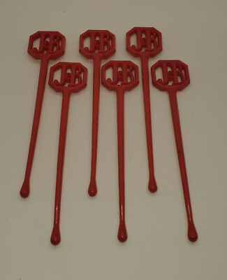 6 each / J & B Scotch Swizzle Sticks Drink Stirrers Red Plastic 