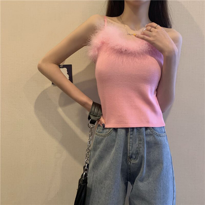 Women's Knitted Fur Camisole Sleeveless Spaghetti Strap Casual Tank Top-image
