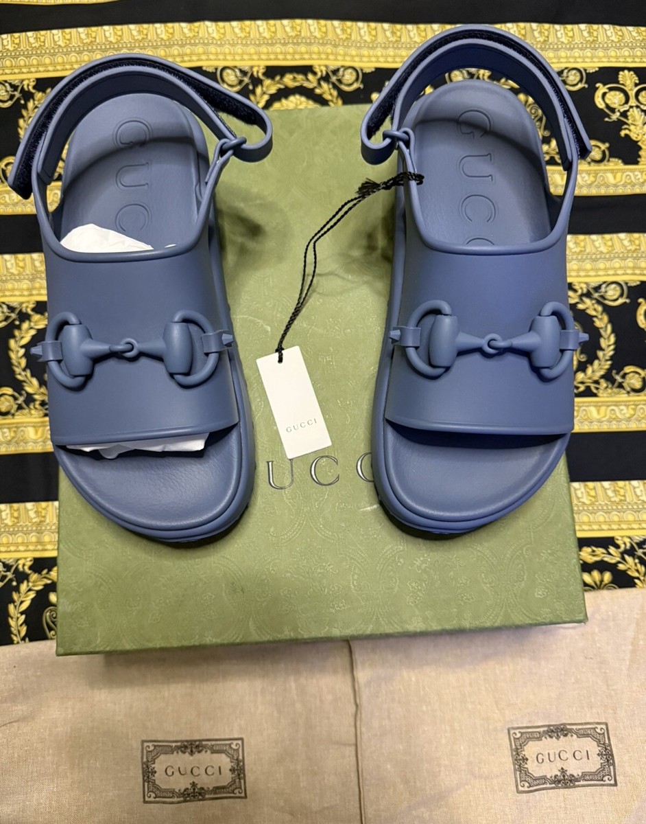 NEW Auth Gucci Horsebit Platform Slide Sandals Blue Rubber