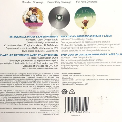 20 Memorex DVD CD White Matte Paper Inkjet Laser Labels Sealed - Picture 4 of 5