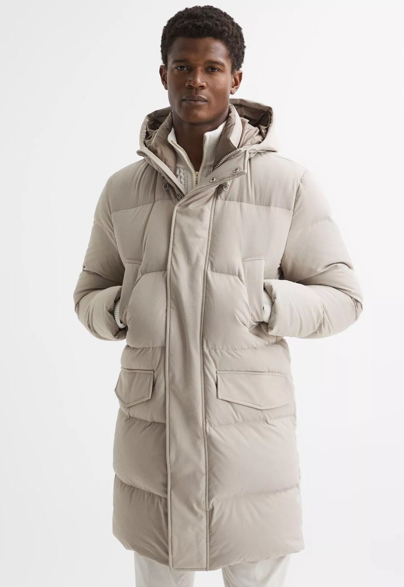 REISS MENS Skye Hooded Mid Length Puffer Jacket Coat in Stone Size