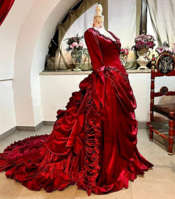 Vintage Victorian Ruched Evening Dresses V-neck 3/4Long Sleeves Masquerade Dress