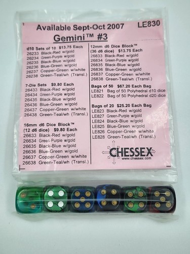 Chessex Gemini 16mm d6 Purple-Teal w/gold Dice Block (12 dice