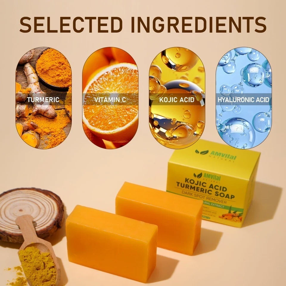 Jabón de ácido kójico y cúrcuma AMVital para manchas oscuras con ácido hialurónico, Vit C&E 2-P Foto 4 de 4