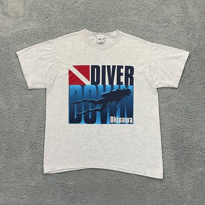 Vintage Okinawa Japan Scuba Diver Down T-Shirt Mens Large Gray Swim Ocean Flawed