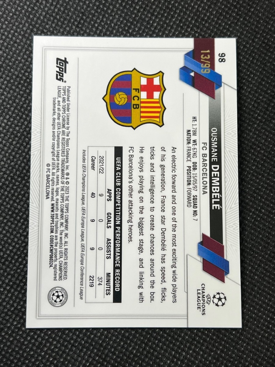 Carte Ousmane Dembele 2022-23 Topps Chrome UEFA Aqua Refractor 127/199