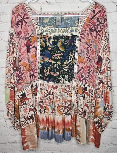 Tunique Paysanne Karen Kane Mango Tango Taille 3X - Imprimé Floral, Cou Carré, Manches Courtes, Viscose, Neuf Avec étiquette