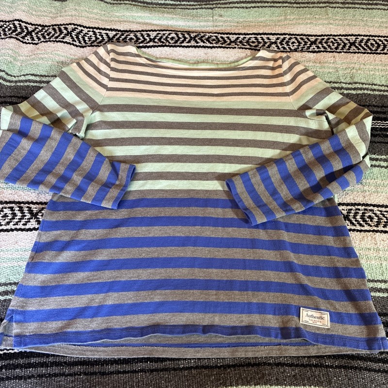 Talbots Plus Blue/Gray/White Striped Boatneck Cotton Blouse Size X EUC