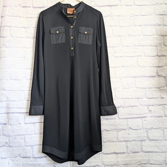 Tory Burch Black Shirt Dress M Long Sleeve Rayon Jersey Classic LBD Pockets - Image 2 of 4