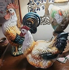 RARE Vintage Pair Italian Ceramic Extra LARGE Rooster And Hen