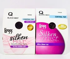 2 L'eggs Silken Mist Pantyhose Ultra Sheer Leg & Control Top BLACK MIST Size Q