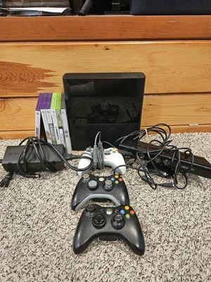 XBox 360 E 1538 Microsoft OEM-3 Controllers-Kinect-6 Games-Chords Bundle-tested