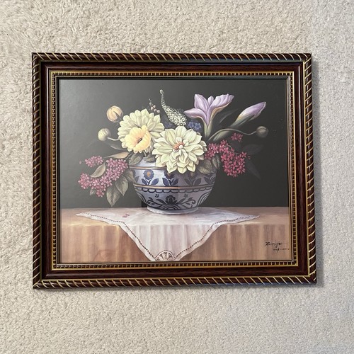 Coppia stampe botaniche nature morte floreali incorniciate gigli crisantemi 11,5x9,5 pollici - Foto 2 di 18