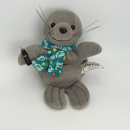 Vintage 1999 Coca-Cola Plush Seal with Scarf and Mini Bottle 8.5 Inch Gray