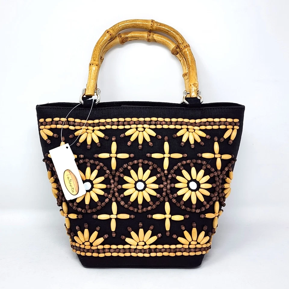 BOLSO DE MANO TALBOTS Negro Lino MADERA CUENTAS Patrón Floral con ASAS DE BAMBÚ Nuevo Foto 2 de 4