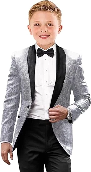 Traje de Esmoquin Brillante Lentejuelas para Niños Calce Ajustado 2 Piezas Formal Baile de graduación Vestido Traje Foto 3 de 4