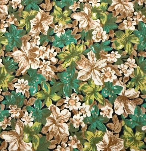 Unbranded Tropical Floral Print Fabric Green Beige Black Flowers 34 x 36”