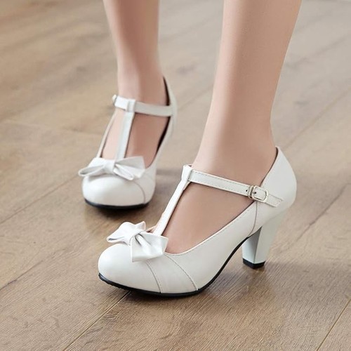 EUR 37  Mary Jane T Strap High Heels Blockabsatz Pumps mit Riemchen und Schleife