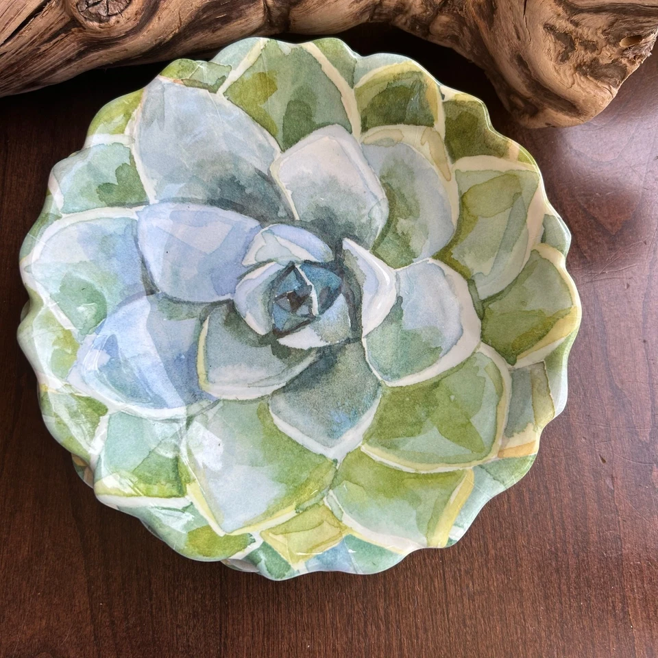 "4 Nicole Miller Melamina Verde Azul Flor Borde Festoneado 8"" Plato" Foto 2 de 4