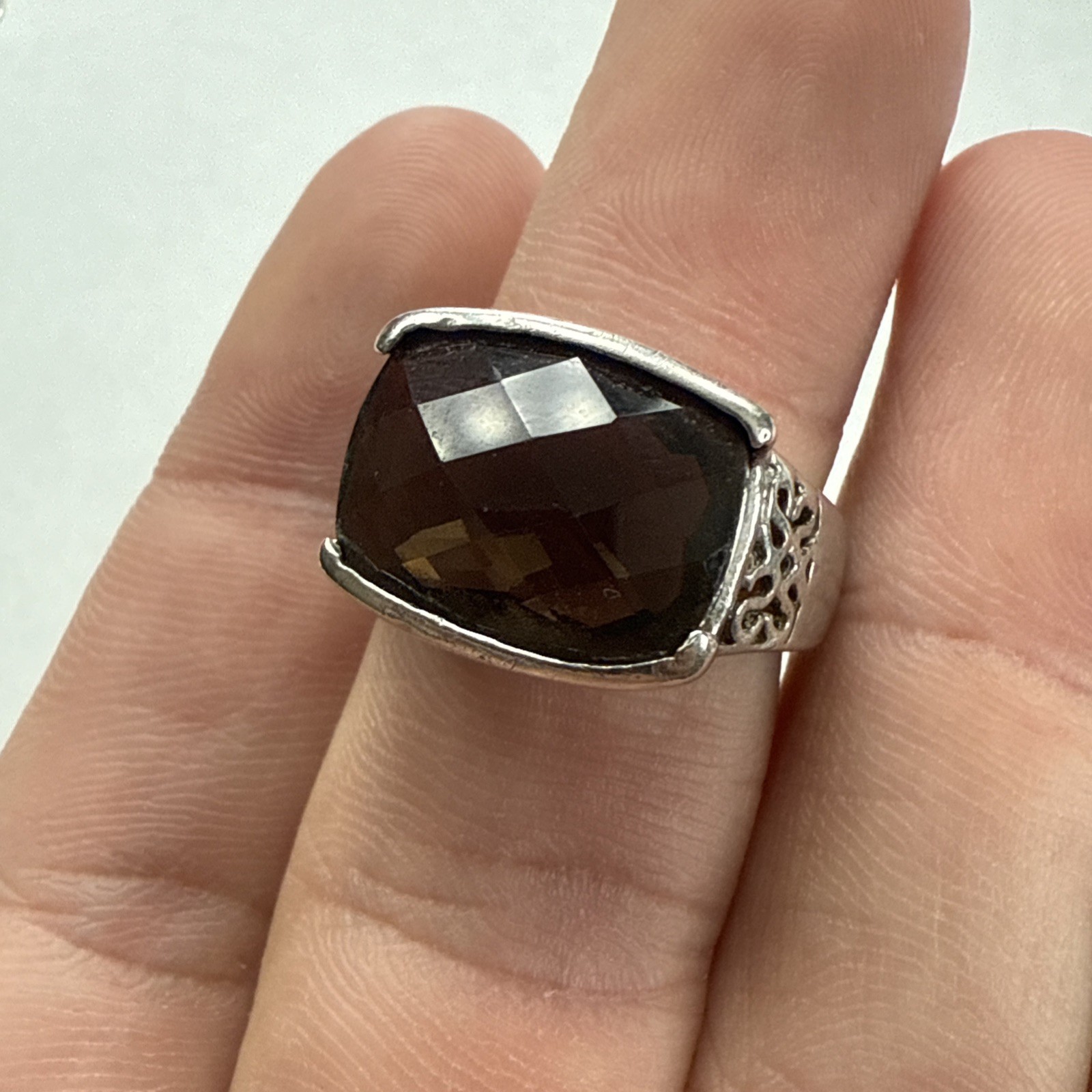 STERLING SILVER RECTANGULAR SMOKEY QUARTZ RING SI… - image 1