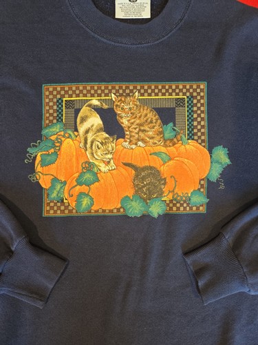 Vintage Gopher Sport Cat Pumpkin Fall Halloween Navy Sweatshirt Womens Sz Medium - Picture 2 of 17