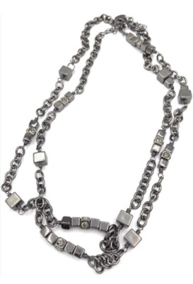 Lia Sophia  Cinder Blocks  Hematite Tone Square Cubes Necklace w/Cut Crystals