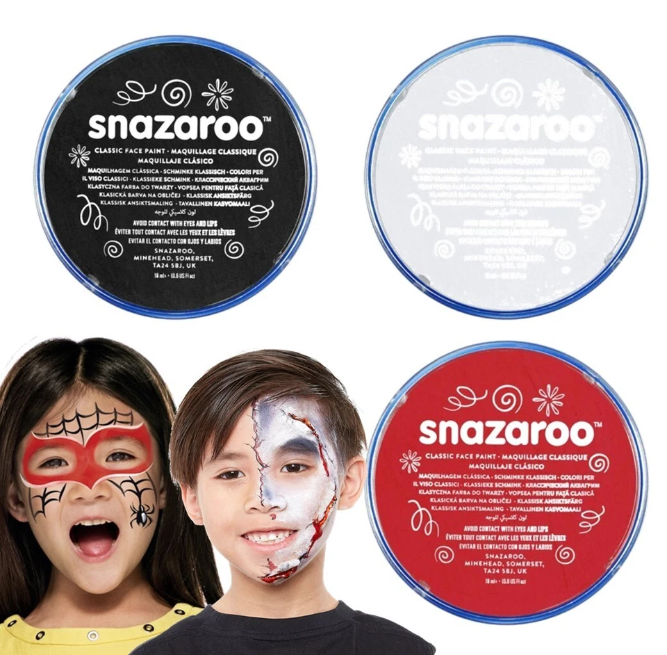 Snazaroo Face Paint Bundle Halloween Red & White & Black Fancy Dress Costume