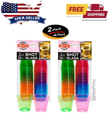 48 PCS Neon Shot Glasses 2oz Plastic Bright Party Cups Wine Liquor Bar Catering