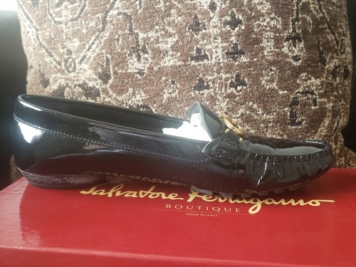 Salvatore Ferragamo ALABANA Women Black Patent Silver Metal 8.5-B UK 9.5 US $990 - Picture 6 of 20