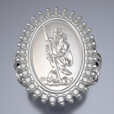 Saint Christopher Ladies Ring CZ Stones Sterling Silver 925