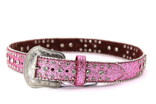 Glisten Unisex Kids Belt Pink Rhinestone Western For Pants Size 17 Flashy Shiny - Picture 4 of 9