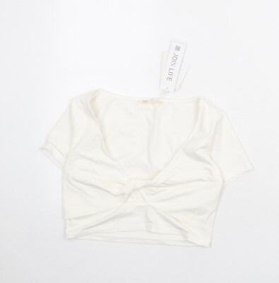 Stradivarius Damen Elfenbein Baumwollmischung Cropped T-Shirt Größe M - Twist Front Det
