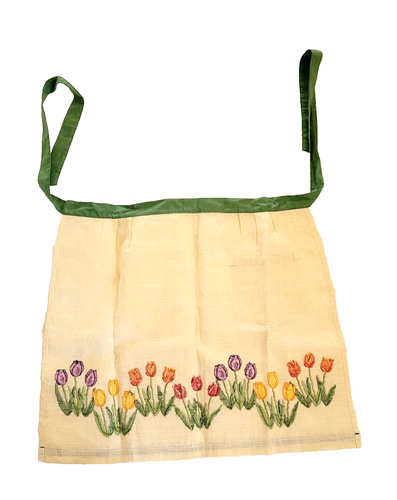 Colorful TULIPS Handmade Finished Cross Stitch Floral Linen Apron w Green Ties - Picture 2 of 22