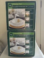 Holiday Time 12-Piece Porcelain Christmas  Dinnerware Set Platinum Banded  X2