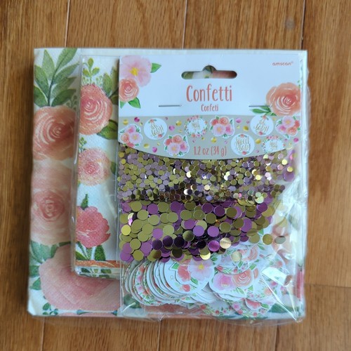 3pc Party Supplies Sweet Baby Girl Shower Floral Napkins (2 sizes) + Confetti - Picture 2 of 11