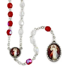NEW MADE IN ITALY DIVINE MERCY ROSARY CHAPLET UNIQUE RED & CLEAR CRYSTAL BEADS