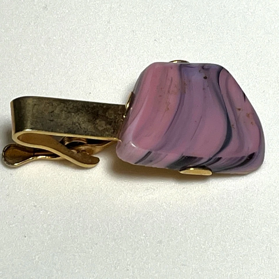 Clip de barra de corbata vintage pulido ágata rosa tono dorado Foto 2 de 4