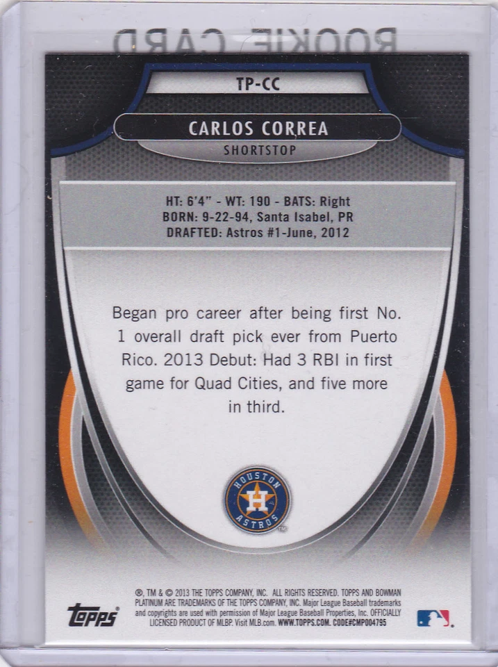 Carlos Correa RC Top Prospects 2013 Bowman Platinum HOUSTON ASTROS ROOKIE CARD - Image 2 of 2