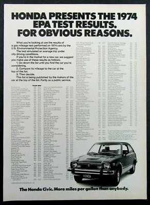 1974 HONDA CIVIC ''More Miles Per Gallon'' EPA Test Results Magazine Ad