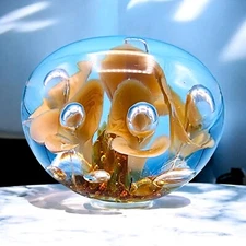 Joe St. Clair Art Glass Orb Paperweight Carmel Floral Controlled Bubbles