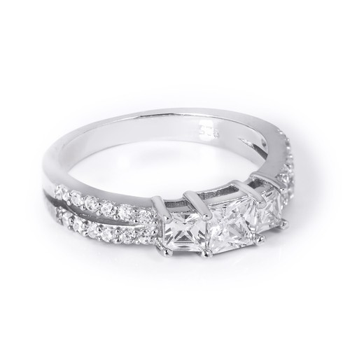 0.75 CT Carat 3 Stone Princess Cut Double Band Engagement Promise Ring Silver - Picture 3 of 4