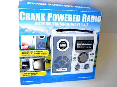 First Alert Model CR-100 Crank Powered White Radio With Black Case New Open Box