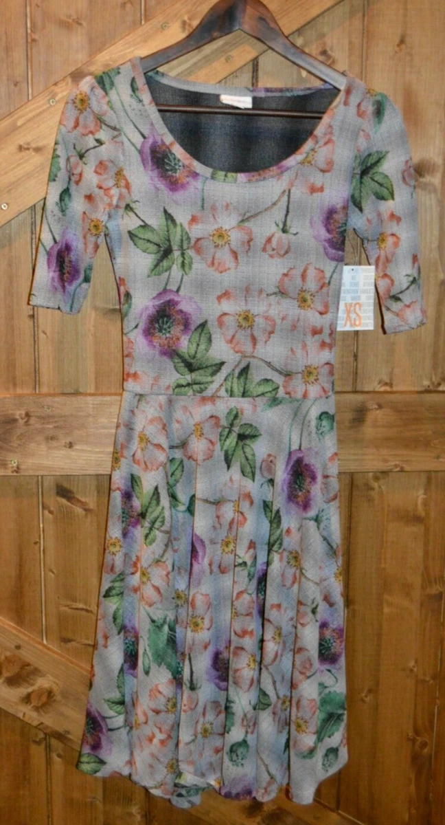 LuLaRoe LLR Nicole Women's Dress Size XS Gray Purple Peach Pink Flowers NWT