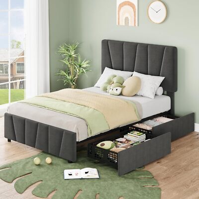 Twin Size Bed Frame with 2 Storage Drawers Upholstered Headboard Metal Platform